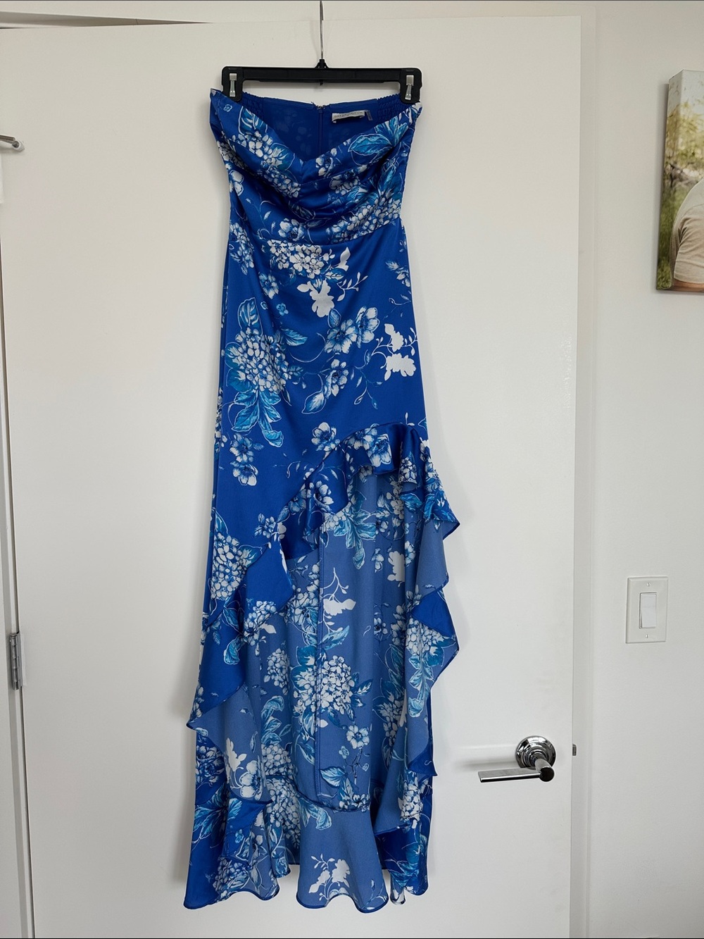 Dress Forum Royal Blue Floral Strapless High-Low Ruffle Gown
